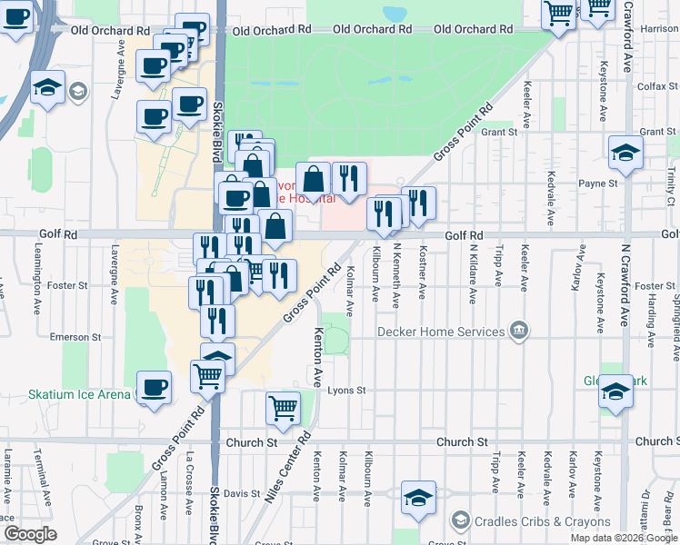 map of restaurants, bars, coffee shops, grocery stores, and more near 9525 Gross Point Road in Skokie