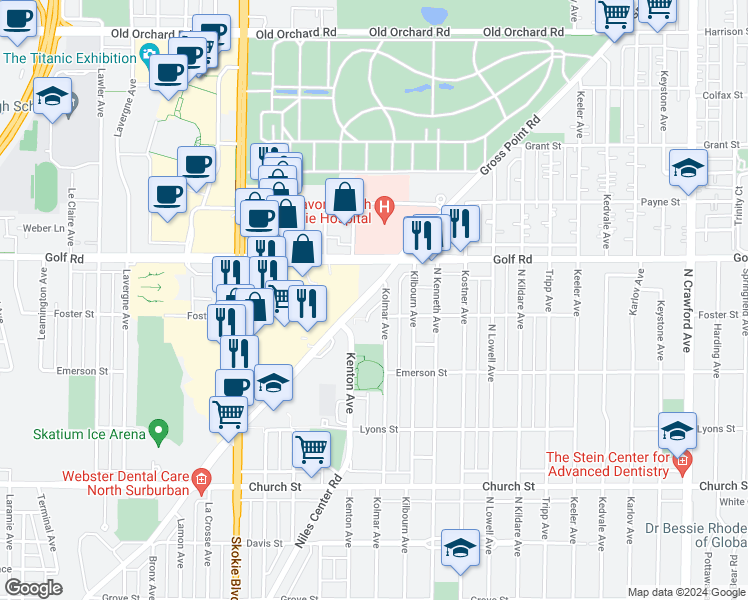 map of restaurants, bars, coffee shops, grocery stores, and more near 9525 Gross Point Road in Skokie