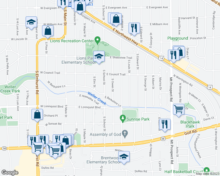 map of restaurants, bars, coffee shops, grocery stores, and more near 614 South Owen Street in Mount Prospect