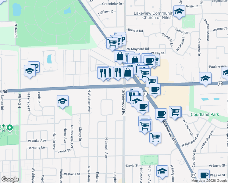 map of restaurants, bars, coffee shops, grocery stores, and more near 8631 Elm Drive in Des Plaines
