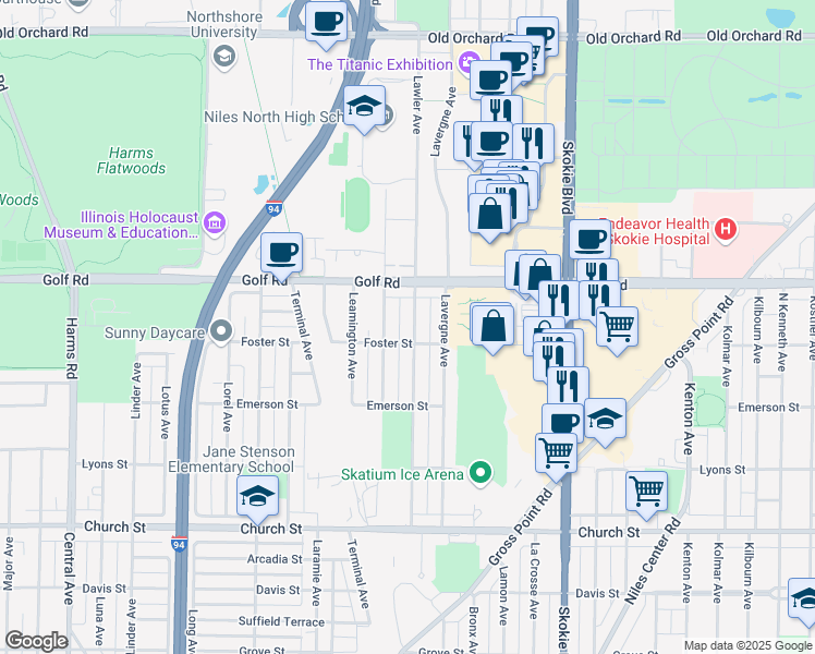 map of restaurants, bars, coffee shops, grocery stores, and more near 9514 Lawler Avenue in Skokie