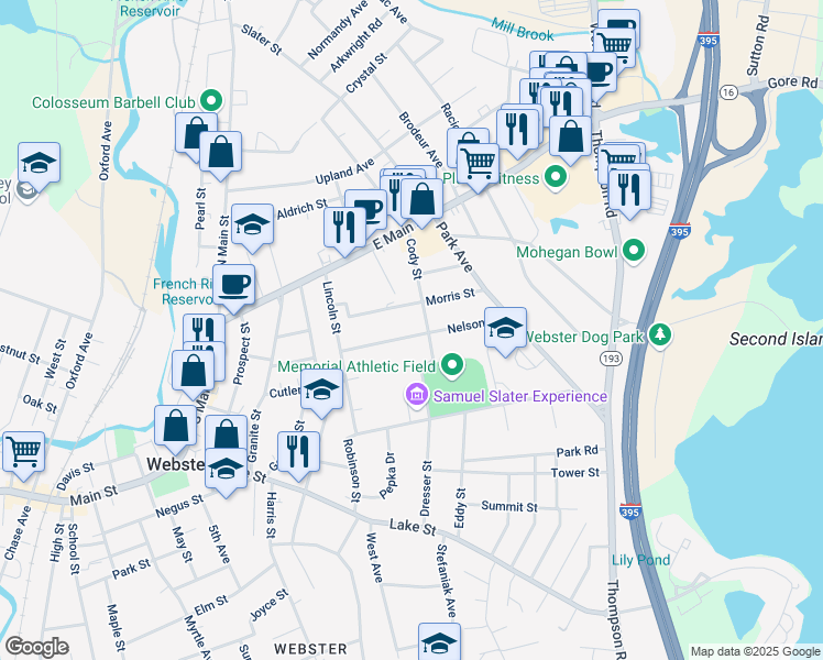 map of restaurants, bars, coffee shops, grocery stores, and more near 19 Nelson Street in Webster