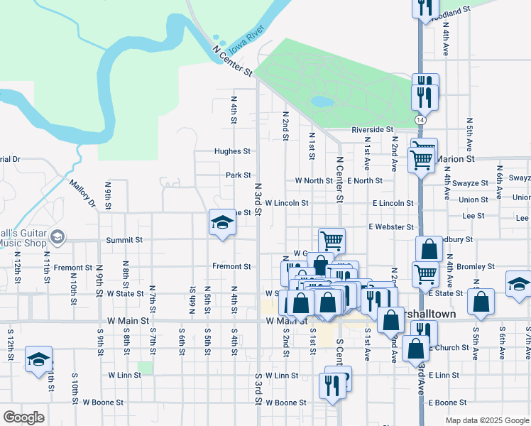 map of restaurants, bars, coffee shops, grocery stores, and more near 317 North 3rd Street in Marshalltown
