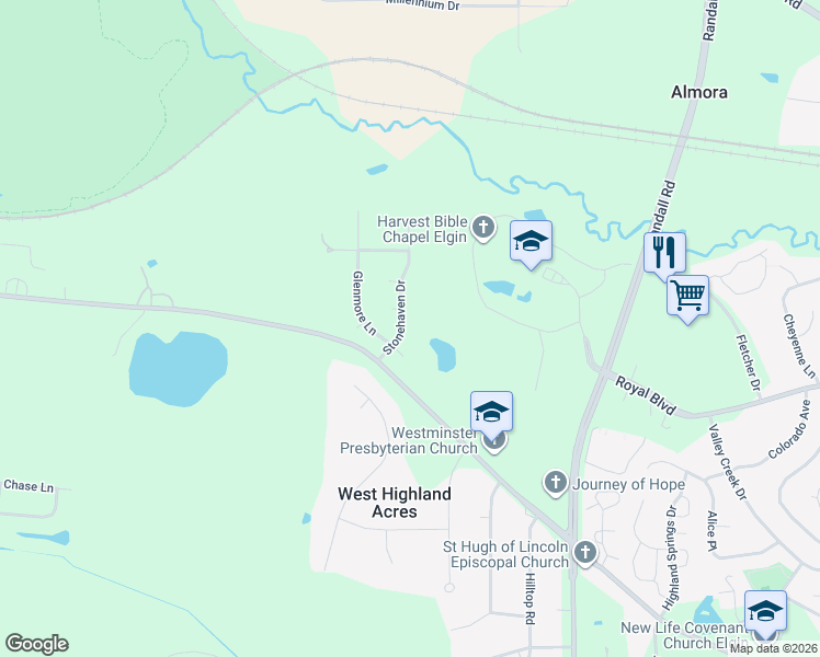 map of restaurants, bars, coffee shops, grocery stores, and more near 915 Stonehaven Drive in Elgin