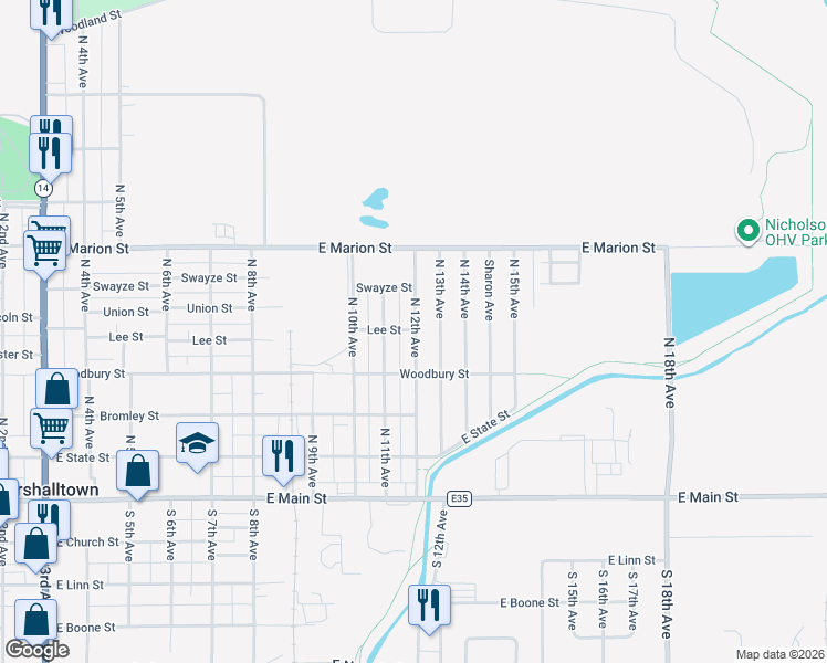 map of restaurants, bars, coffee shops, grocery stores, and more near 301 North 12th Avenue in Marshalltown