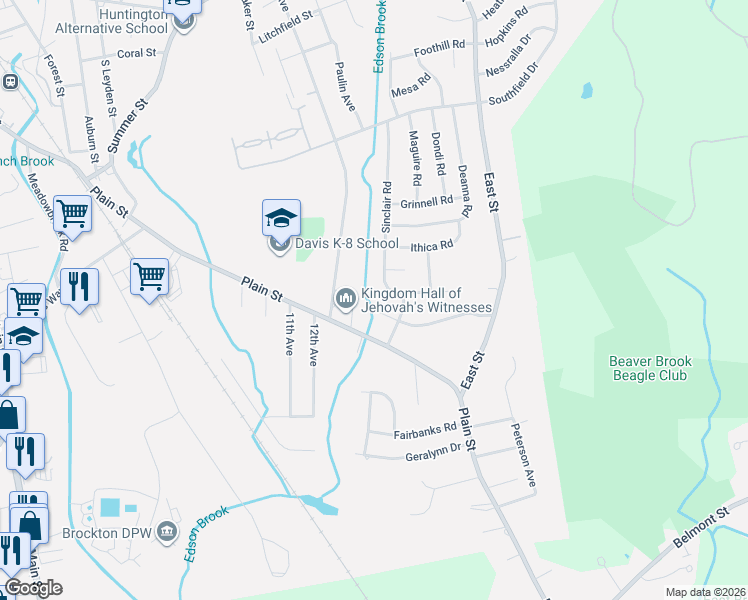 map of restaurants, bars, coffee shops, grocery stores, and more near 90 Sinclair Road in Brockton