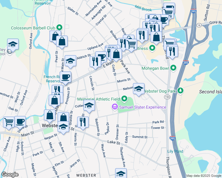 map of restaurants, bars, coffee shops, grocery stores, and more near 19 Nelson Street in Webster