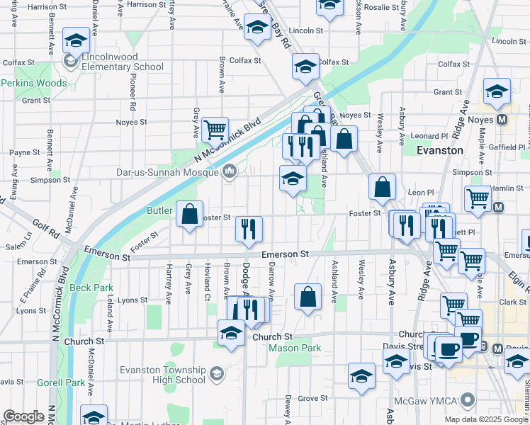 map of restaurants, bars, coffee shops, grocery stores, and more near 2002 Darrow Avenue in Evanston