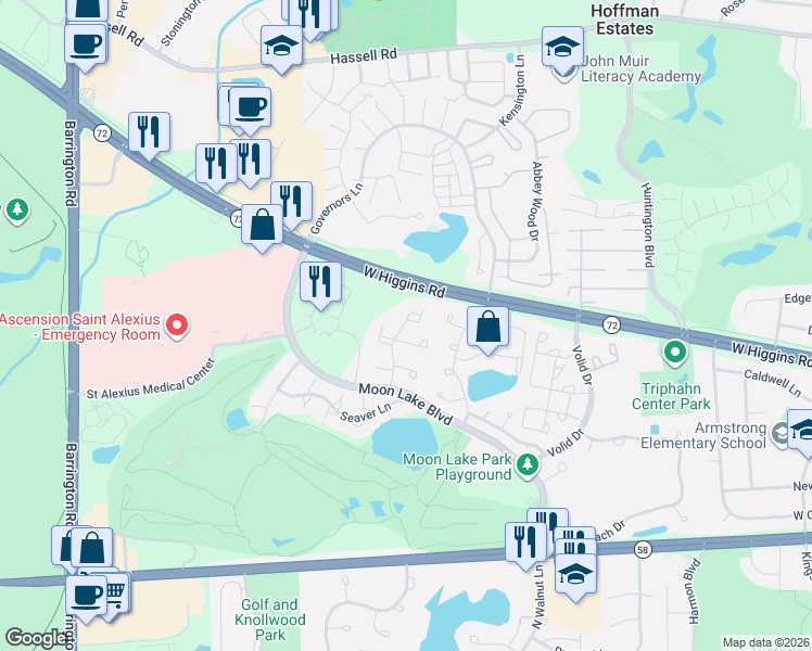 map of restaurants, bars, coffee shops, grocery stores, and more near 1625 Cornell Drive in Hoffman Estates