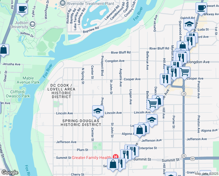 map of restaurants, bars, coffee shops, grocery stores, and more near 919 Saint John Street in Elgin