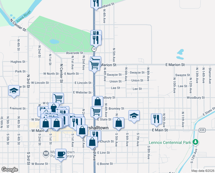 map of restaurants, bars, coffee shops, grocery stores, and more near 400-498 Lee Street in Marshalltown