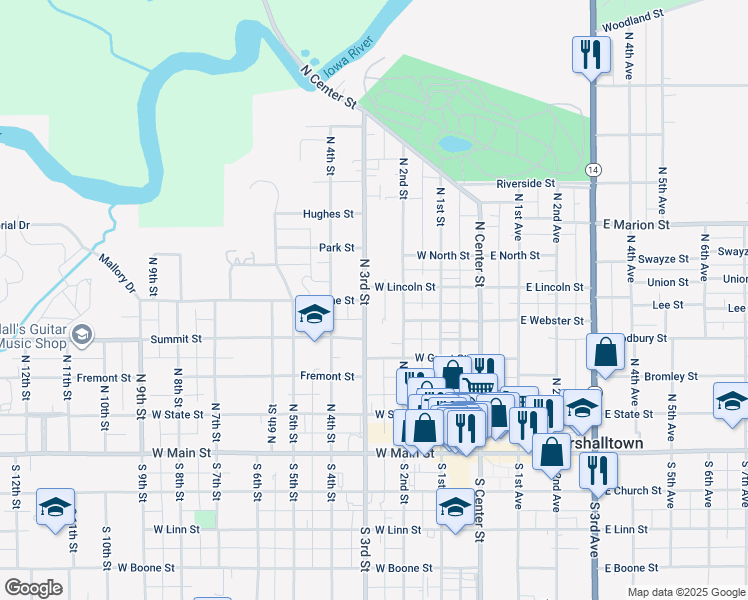 map of restaurants, bars, coffee shops, grocery stores, and more near 317 North 3rd Street in Marshalltown