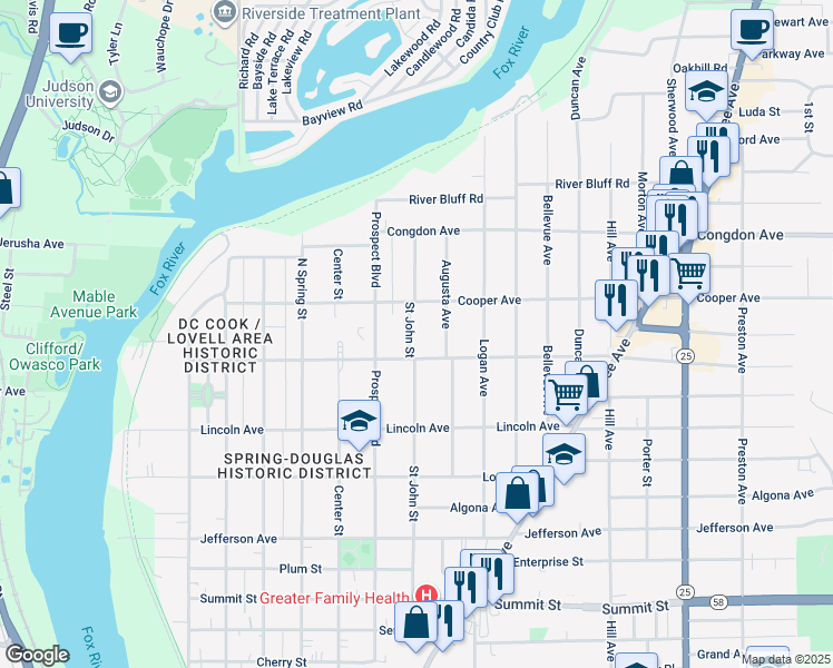 map of restaurants, bars, coffee shops, grocery stores, and more near 919 Saint John Street in Elgin