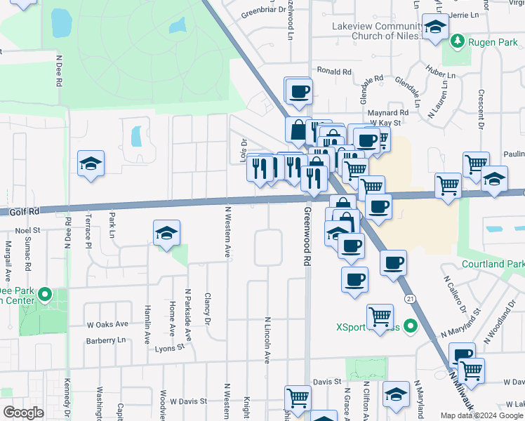 map of restaurants, bars, coffee shops, grocery stores, and more near 9552 East Greenwood Drive in Des Plaines