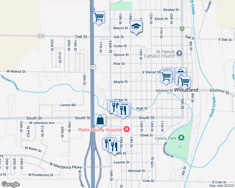 map of restaurants, bars, coffee shops, grocery stores, and more near 1555 Gilchrist Street in Wheatland