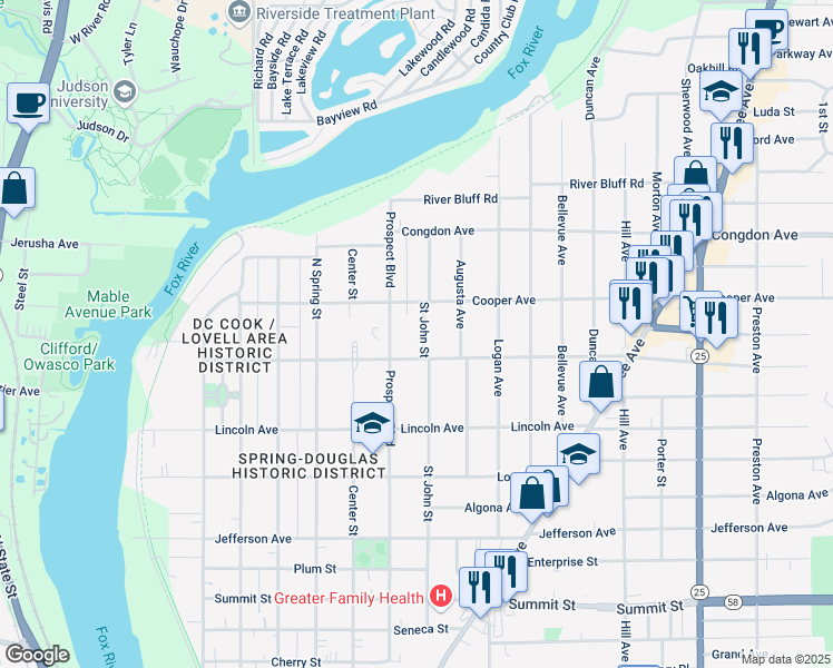 map of restaurants, bars, coffee shops, grocery stores, and more near 919 Saint John Street in Elgin