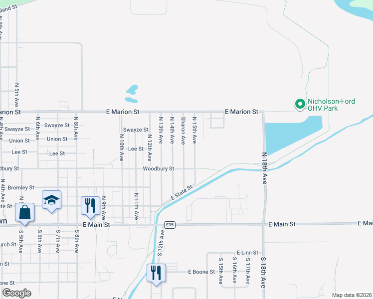 map of restaurants, bars, coffee shops, grocery stores, and more near 313 Sharon Avenue in Marshalltown