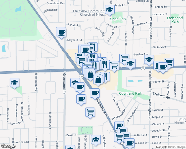 map of restaurants, bars, coffee shops, grocery stores, and more near 8355 West Golf Road in Niles