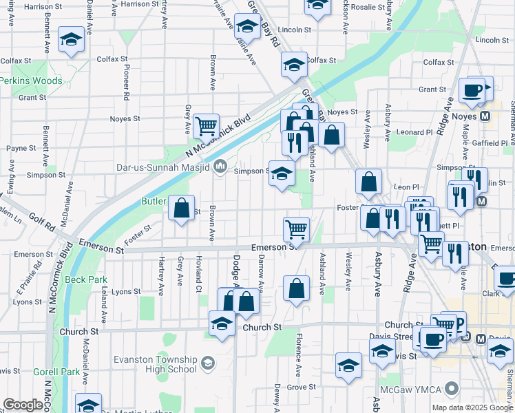 map of restaurants, bars, coffee shops, grocery stores, and more near 2002 Darrow Avenue in Evanston