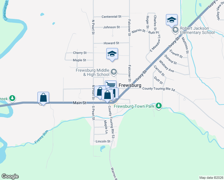 map of restaurants, bars, coffee shops, grocery stores, and more near 25 Institute Street in Frewsburg