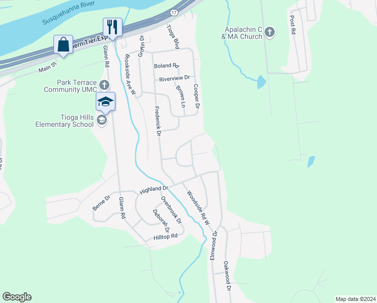 map of restaurants, bars, coffee shops, grocery stores, and more near 4 Sunset Terrace in Apalachin