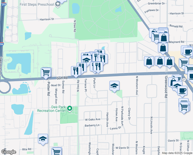 map of restaurants, bars, coffee shops, grocery stores, and more near 9599 Park Lane in Des Plaines