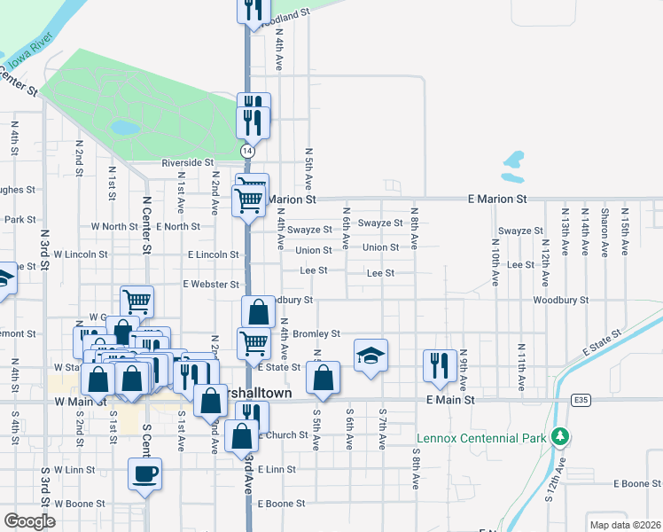 map of restaurants, bars, coffee shops, grocery stores, and more near 510 Lee Street in Marshalltown