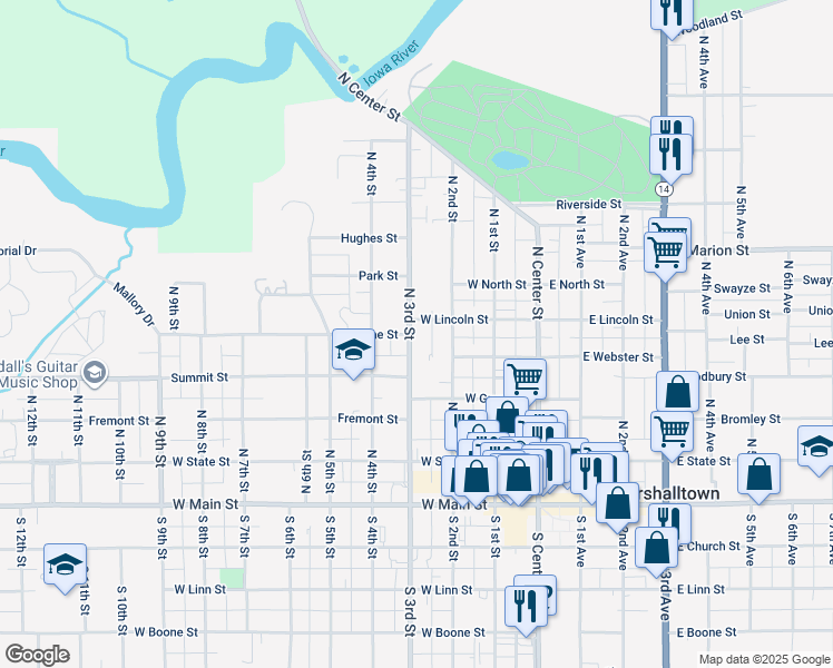 map of restaurants, bars, coffee shops, grocery stores, and more near 317 North 3rd Street in Marshalltown