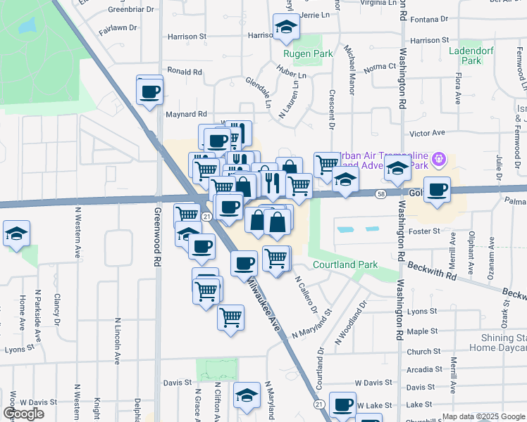 map of restaurants, bars, coffee shops, grocery stores, and more near 8331 West Golf Road in Niles