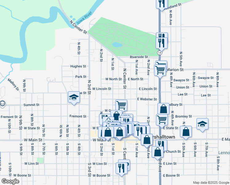 map of restaurants, bars, coffee shops, grocery stores, and more near 307 North 1st Street in Marshalltown