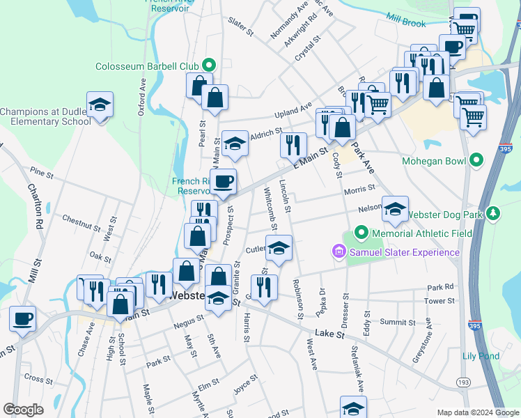 map of restaurants, bars, coffee shops, grocery stores, and more near 6 Oak Street in Webster