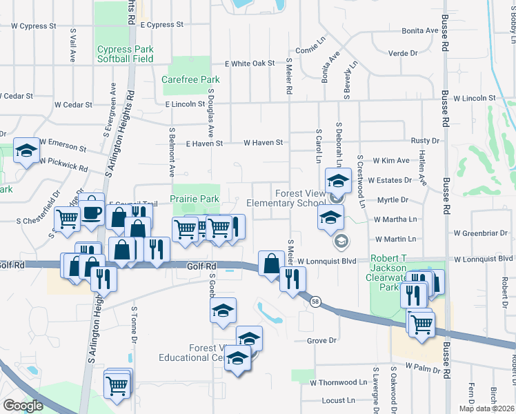 map of restaurants, bars, coffee shops, grocery stores, and more near 611 Noah Terrace in Mount Prospect