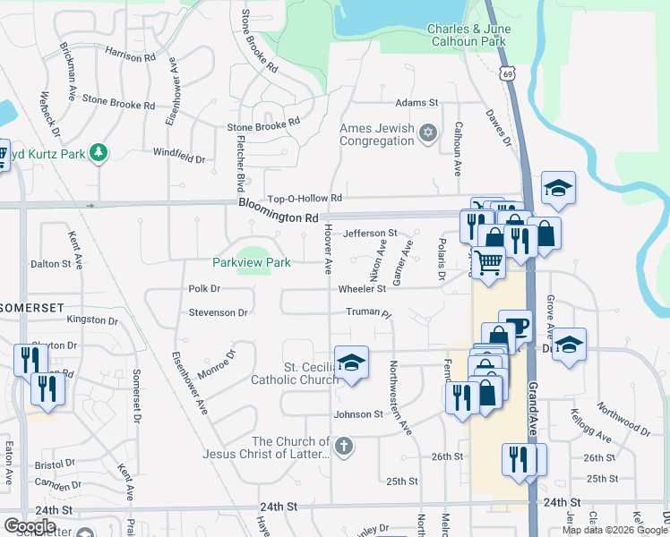 map of restaurants, bars, coffee shops, grocery stores, and more near 3218 Hoover Avenue in Ames