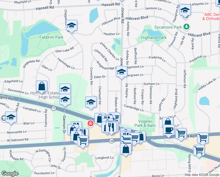 map of restaurants, bars, coffee shops, grocery stores, and more near 824 Downing Drive in Schaumburg