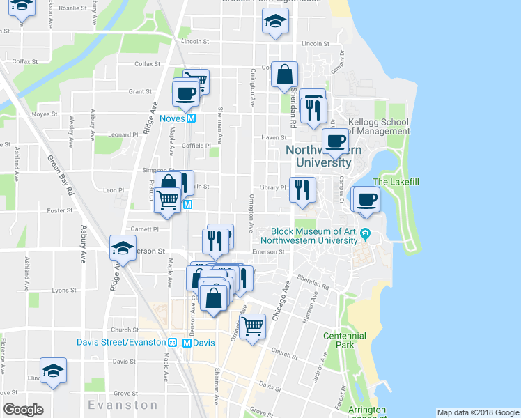 map of restaurants, bars, coffee shops, grocery stores, and more near 2001 Orrington Avenue in Evanston