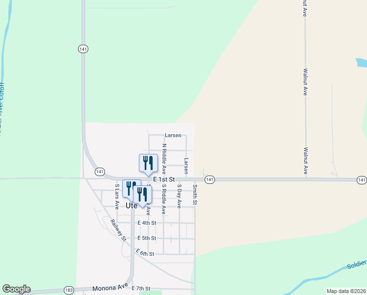 map of restaurants, bars, coffee shops, grocery stores, and more near 301-405 E Cummings St in Ute