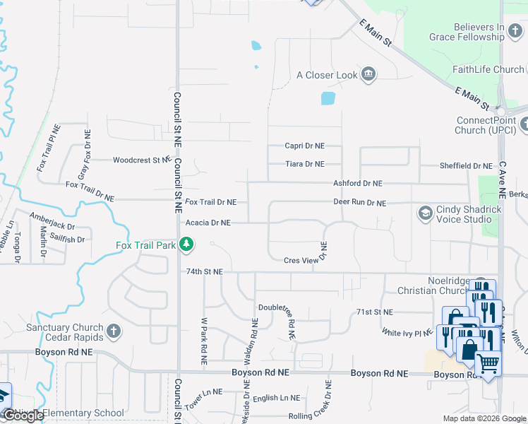 map of restaurants, bars, coffee shops, grocery stores, and more near 1320 Deer Run Drive Northeast in Cedar Rapids
