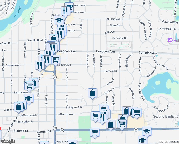 map of restaurants, bars, coffee shops, grocery stores, and more near 945 Hiawatha Drive in Elgin
