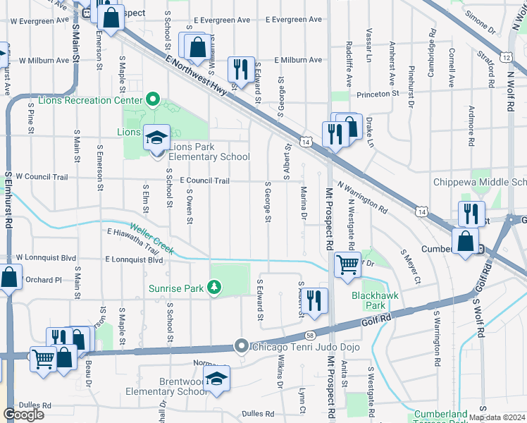 map of restaurants, bars, coffee shops, grocery stores, and more near 612 South George Street in Mount Prospect