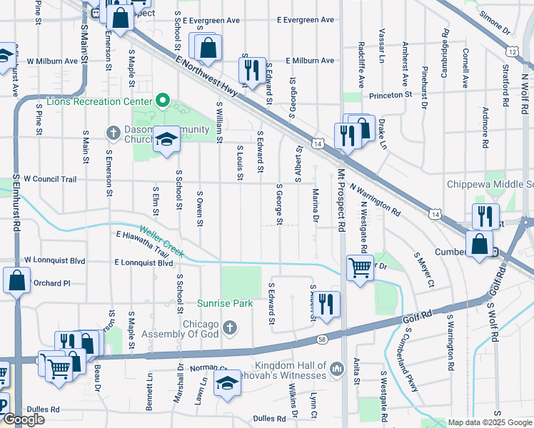 map of restaurants, bars, coffee shops, grocery stores, and more near 612 South George Street in Mount Prospect