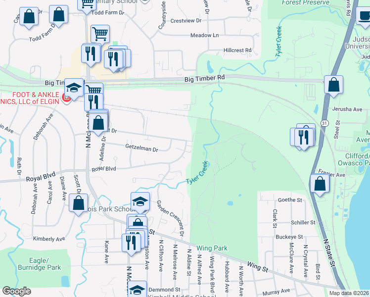 map of restaurants, bars, coffee shops, grocery stores, and more near 1145 Royal Boulevard in Elgin
