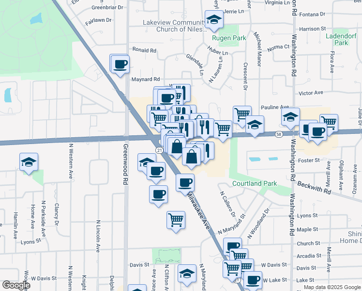 map of restaurants, bars, coffee shops, grocery stores, and more near 8355 West Golf Road in Niles