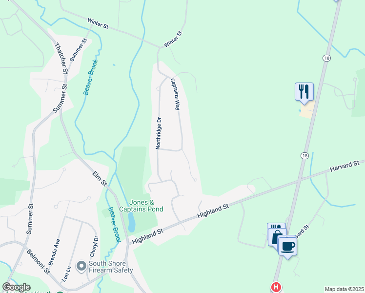 map of restaurants, bars, coffee shops, grocery stores, and more near 25 Captains Way in East Bridgewater