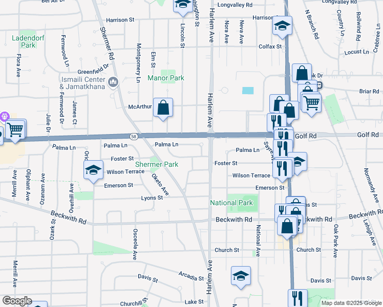 map of restaurants, bars, coffee shops, grocery stores, and more near 7234 Foster Street in Morton Grove