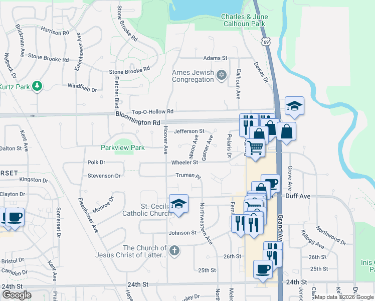 map of restaurants, bars, coffee shops, grocery stores, and more near 3217 Nixon Ave in Ames