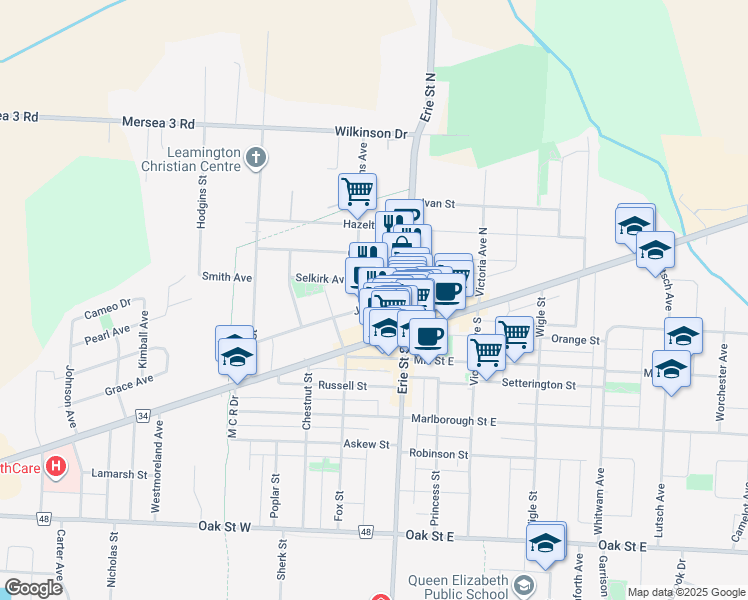 map of restaurants, bars, coffee shops, grocery stores, and more near 15 John Street in Leamington