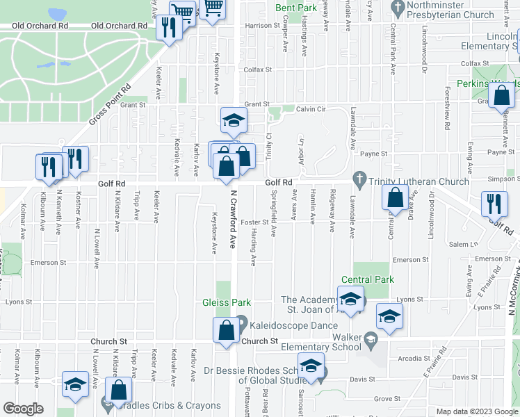 map of restaurants, bars, coffee shops, grocery stores, and more near 9521 Harding Avenue in Evanston