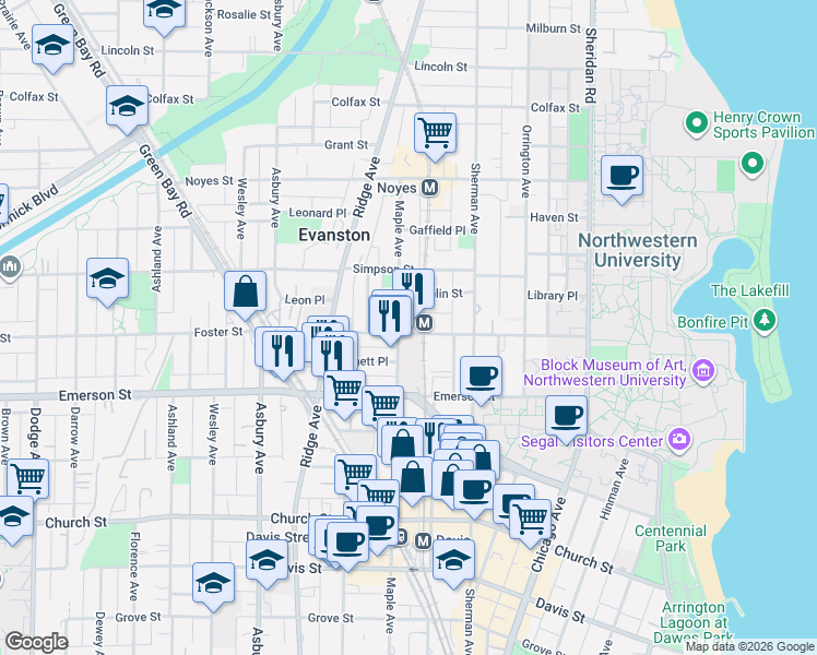 map of restaurants, bars, coffee shops, grocery stores, and more near in Evanston