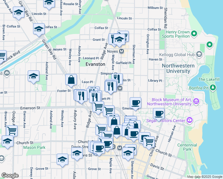 map of restaurants, bars, coffee shops, grocery stores, and more near 2001 Pratt Court in Evanston