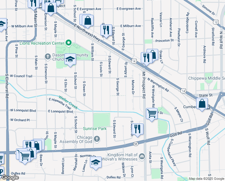 map of restaurants, bars, coffee shops, grocery stores, and more near 612 South George Street in Mount Prospect